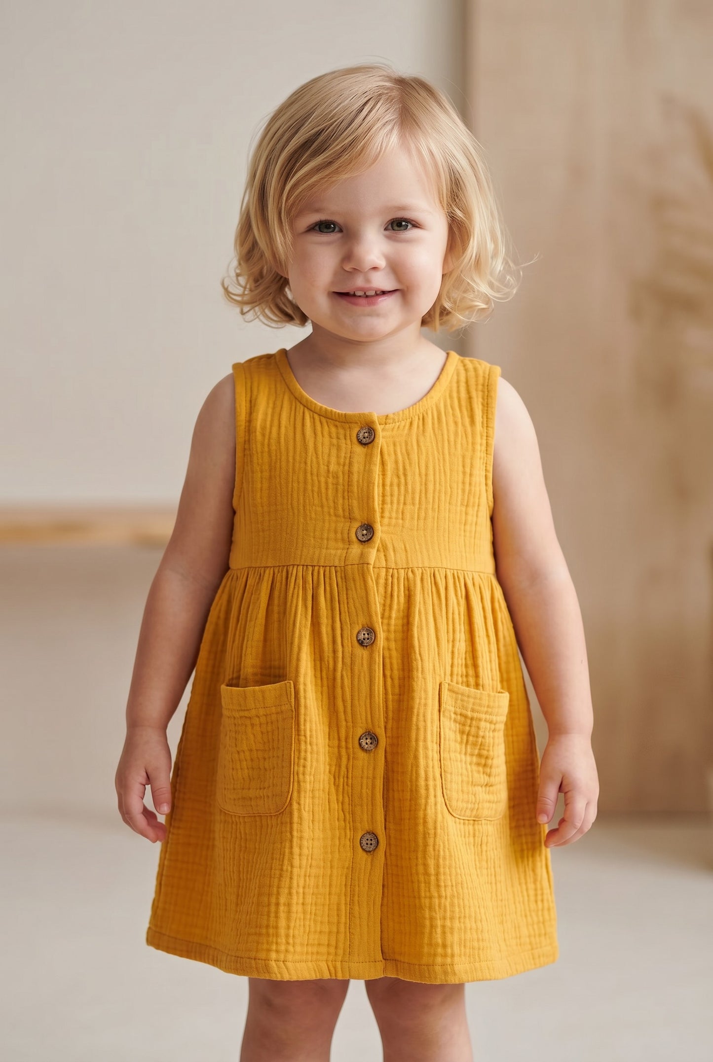 Simple & Practical Everyday 2 Pocket Dress Dress Mustard (Sizes: Baby to 6 Years)
