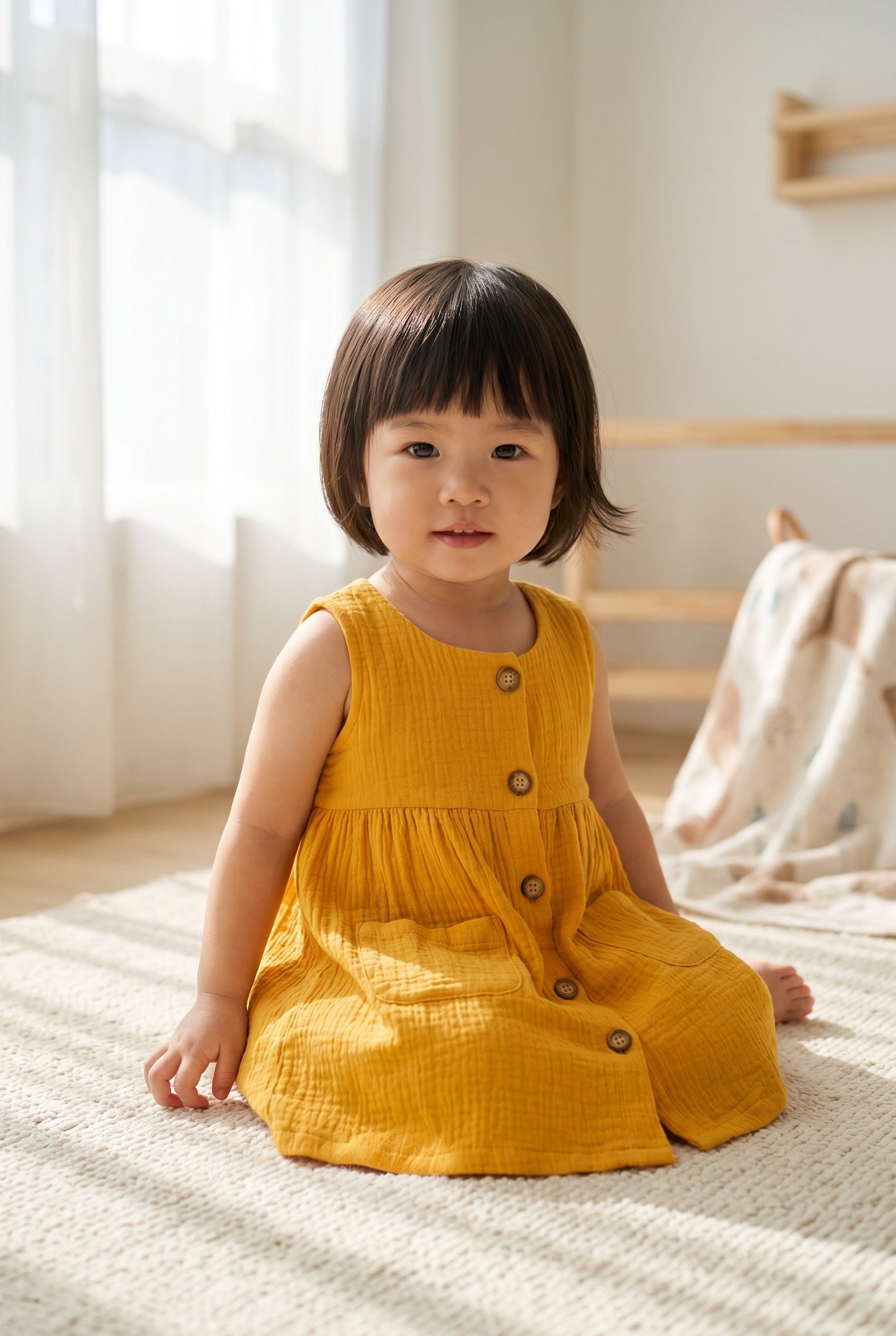 Simple & Practical Everyday 2 Pocket Dress Dress Mustard (Sizes: Baby to 6 Years)