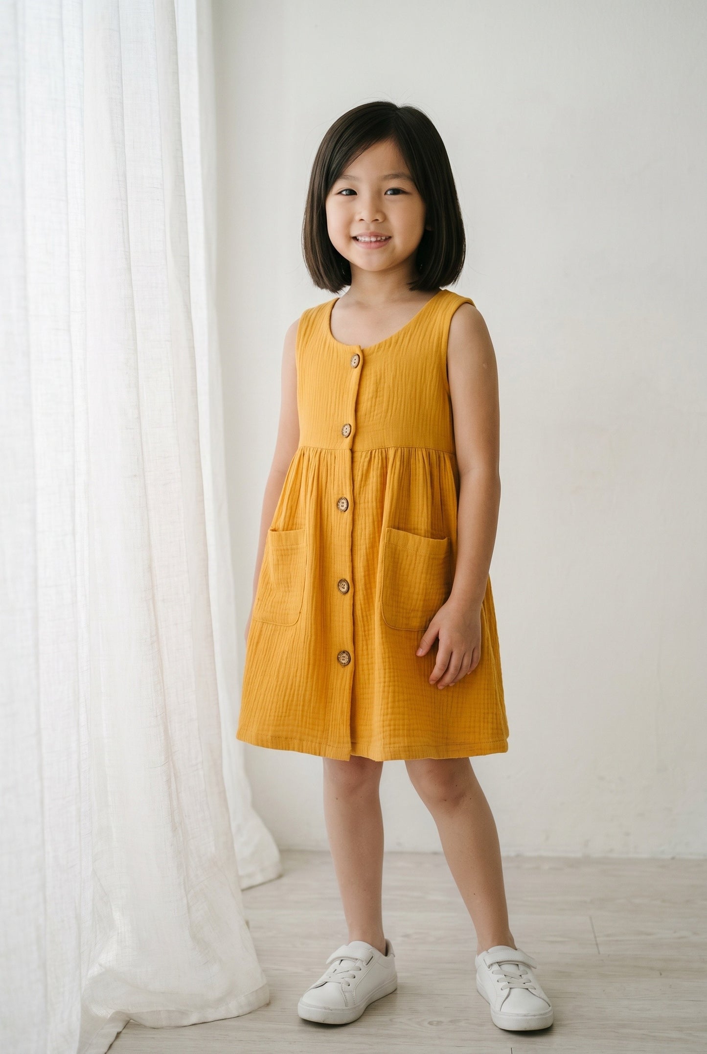 Simple & Practical Everyday 2 Pocket Dress Dress Mustard (Sizes: Baby to 6 Years)