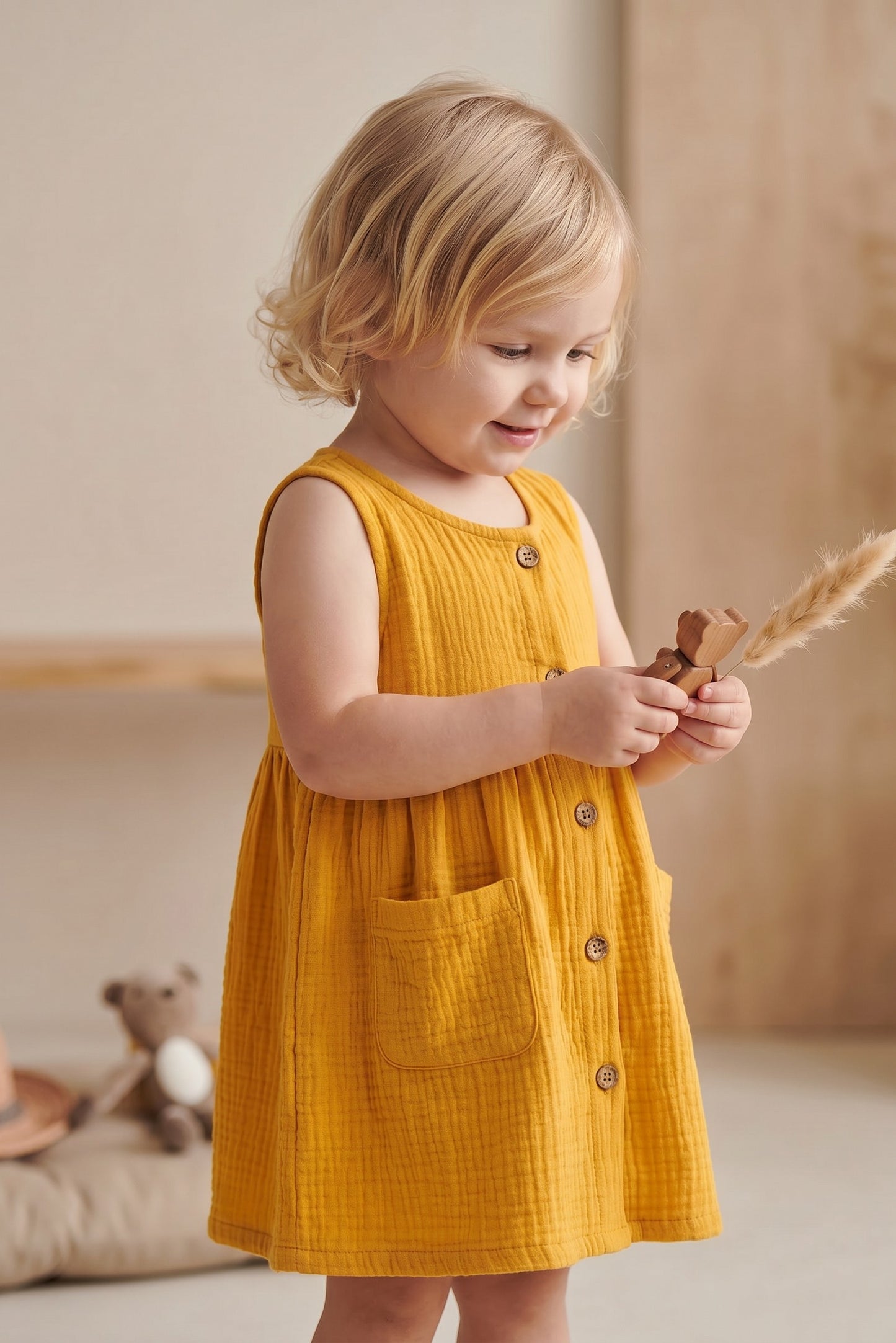 Simple & Practical Everyday 2 Pocket Dress Dress Mustard (Sizes: Baby to 6 Years)