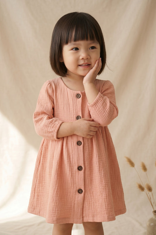Princess Sarah 100% Cotton Minimalist Dress in Salmon Pink (Sizes: Baby to 6 Years)
