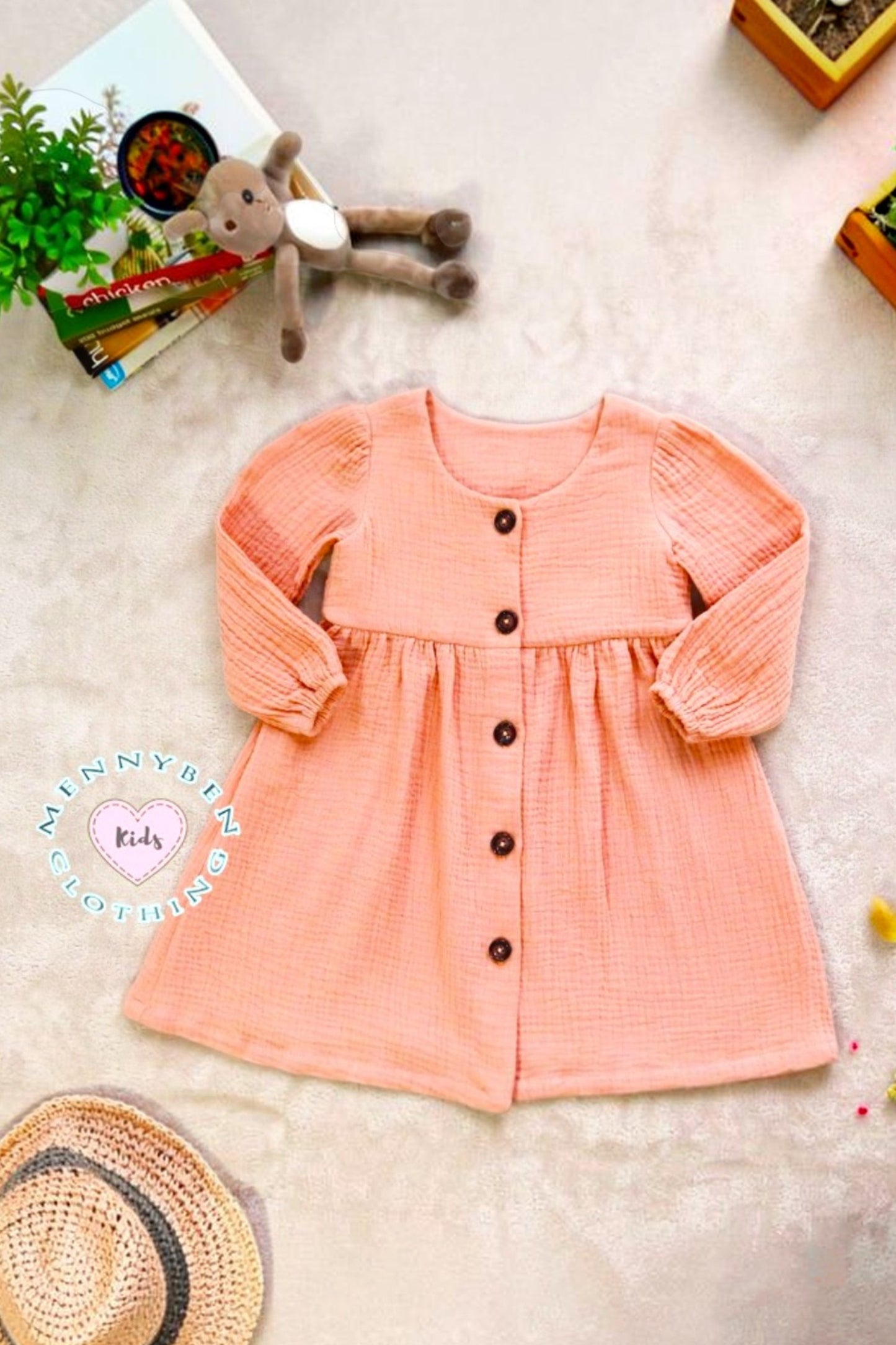 Princess Sarah 100% Cotton Minimalist Dress in Salmon Pink (Sizes: Baby to 6 Years)