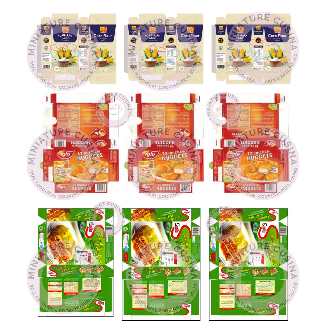 Mini Grocery Box Templates: Corn Flour, Nuggets & Lasagna Pasta (1/4 Scale Printable)